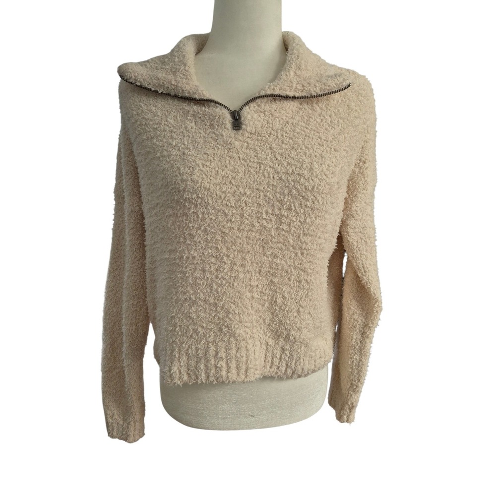 Hollister Womens Quarter Zip Pullover Sweater Size Medium Cream Eyelash Boucle